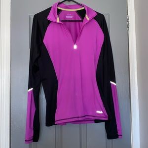FILA Black & Purple 1/4 Zip with Pockets Long Sleeve Running pullover Size Large